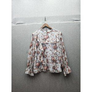 Rachel Parcell Floral Ruffle Blouse Womens L Polyester/Spandex Long Sleeve Butto